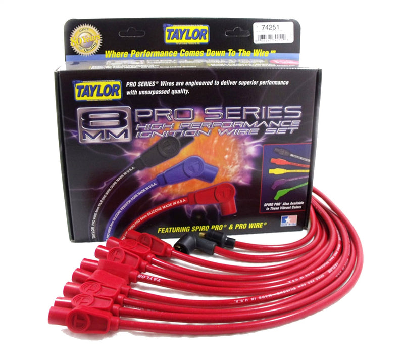 Taylor Cable 74251 8mm Spiro-Pro Ignition Wire Set; Red; Stock; 11.75 in.; 180 Deg. Plug Boot; - Truck Part Superstore