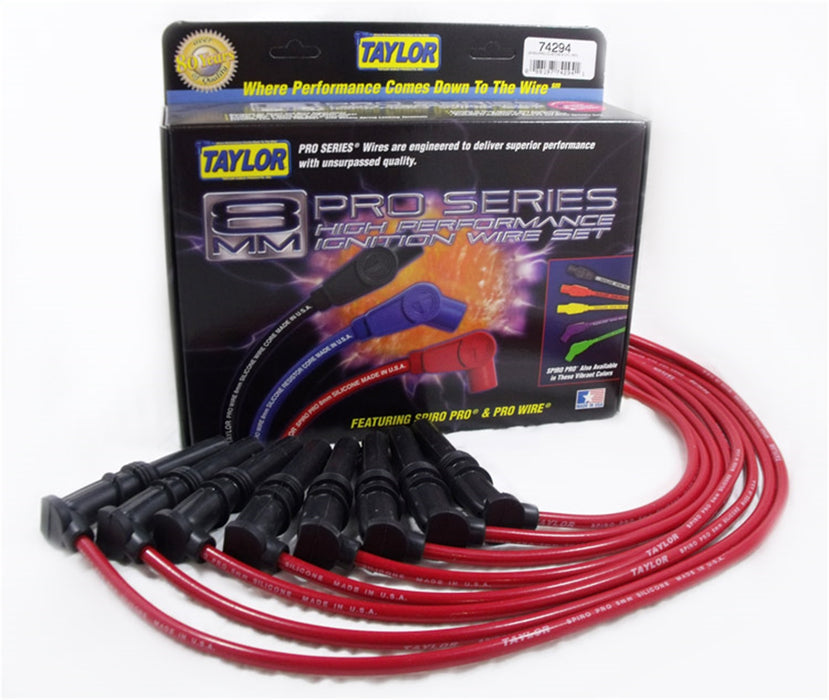 Taylor Cable 74294 8mm Spiro-Pro Ignition Wire Set; Red; Stock; 9.5 in.; OE Spark Plug Boot; - Truck Part Superstore