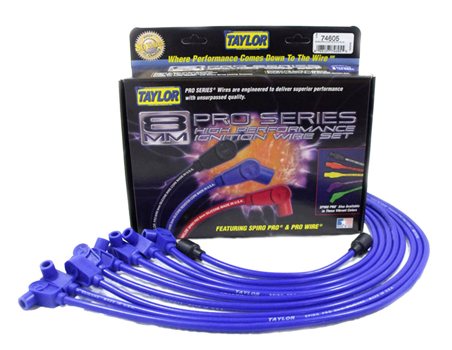 Taylor Cable 74605 8mm Spiro-Pro Ignition Wire Set; Spiro-Wound; Custom Fit; 90 deg.; Blue; - Truck Part Superstore