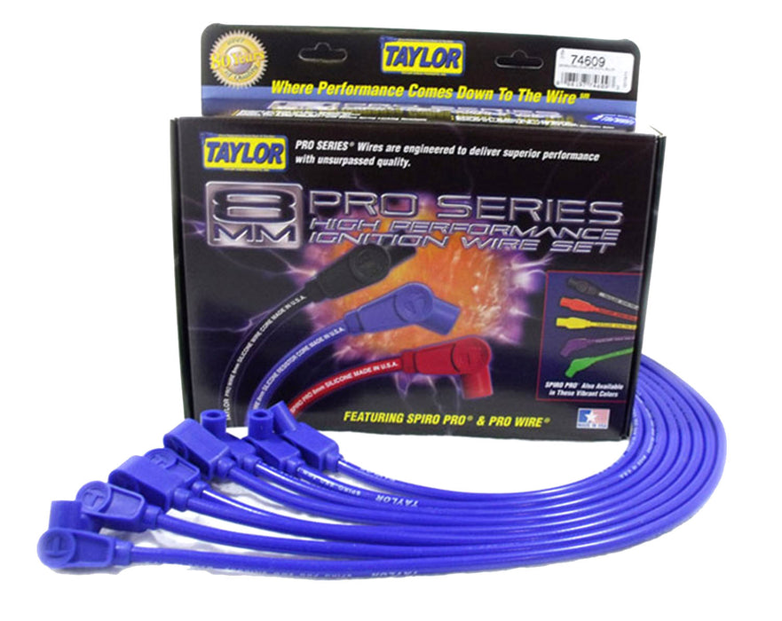 Taylor Cable 74609 8mm Spiro-Pro Ignition Wire Set; Spiro-Wound; Custom Fit; 90/135 deg.; Blue; - Truck Part Superstore