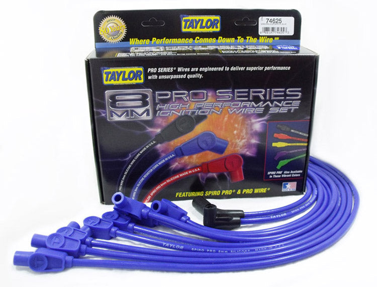 Taylor Cable 74625 8mm Spiro-Pro Ignition Wire Set; Spiro-Wound; Custom Fit; 90/180 Deg.; Blue; - Truck Part Superstore