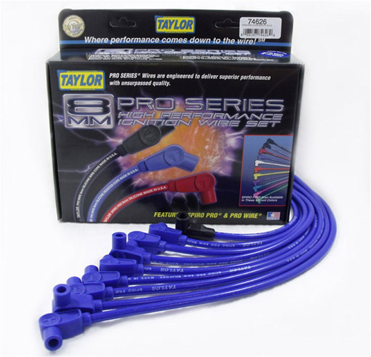Taylor Cable 74626 8mm Spiro-Pro Ignition Wire Set; Spiro-Wound; Custom Fit; 90 deg.; Blue; - Truck Part Superstore