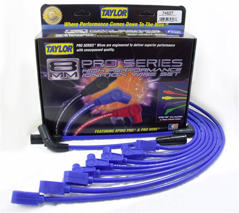 Taylor Cable 74627 8mm Spiro-Pro Ignition Wire Set; Spiro-Wound; Custom Fit; 90 deg.; Blue; - Truck Part Superstore
