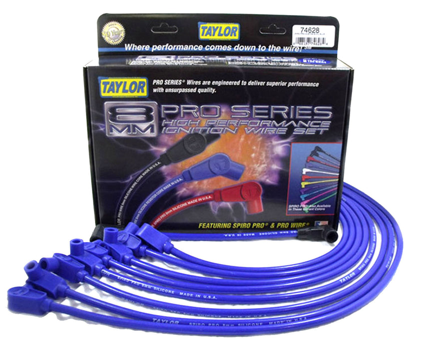 Taylor Cable 74628 8mm Spiro-Pro Ignition Wire Set; Spiro-Wound; Custom Fit; 90 deg.; Blue; - Truck Part Superstore