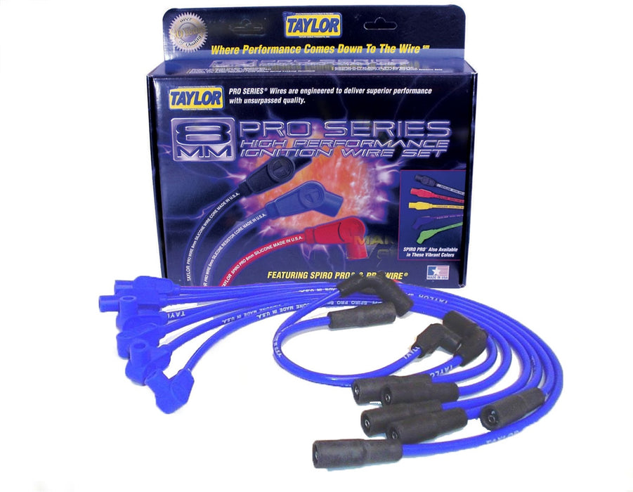 Taylor Cable 74635 8mm Spiro-Pro Ignition Wire Set; Spiro-Wound; Custom Fit; 90/180 Deg.; Blue; - Truck Part Superstore