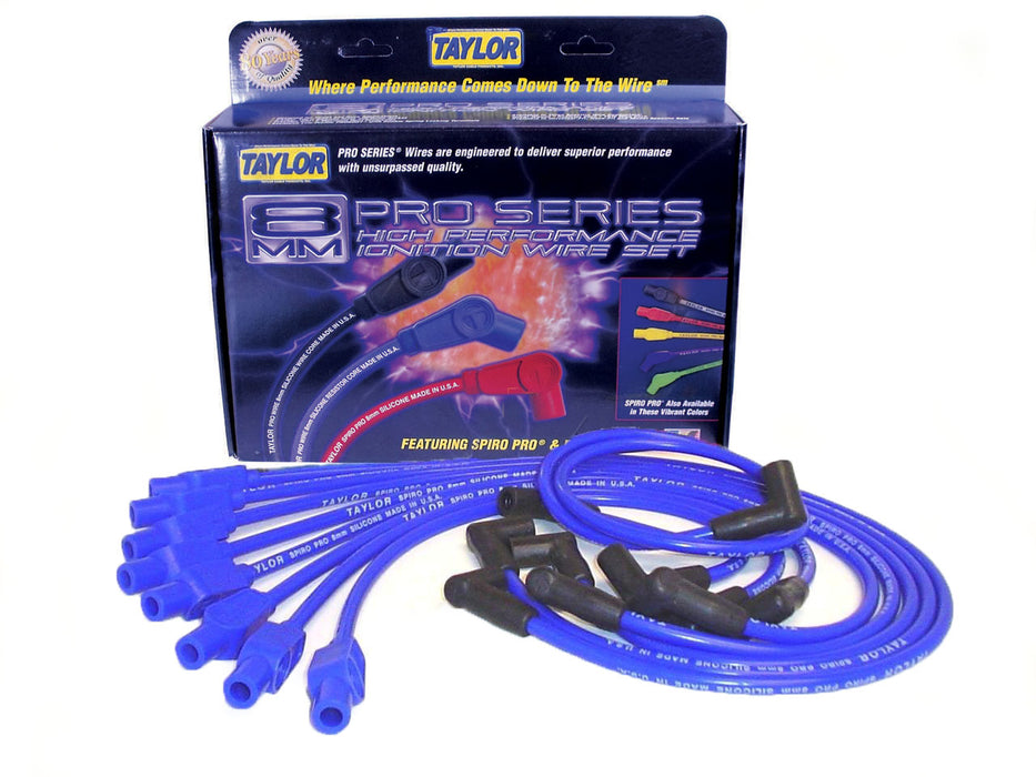 Taylor Cable 74637 8mm Spiro-Pro Ignition Wire Set; Blue; Stock; 11.75 in.; 180 Deg. Plug Boot; - Truck Part Superstore