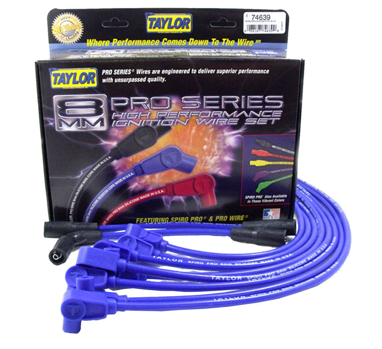 Taylor Cable 74639 8mm Spiro-Pro Ignition Wire Set; Spiro-Wound; Custom Fit; 90 deg.; Blue; - Truck Part Superstore