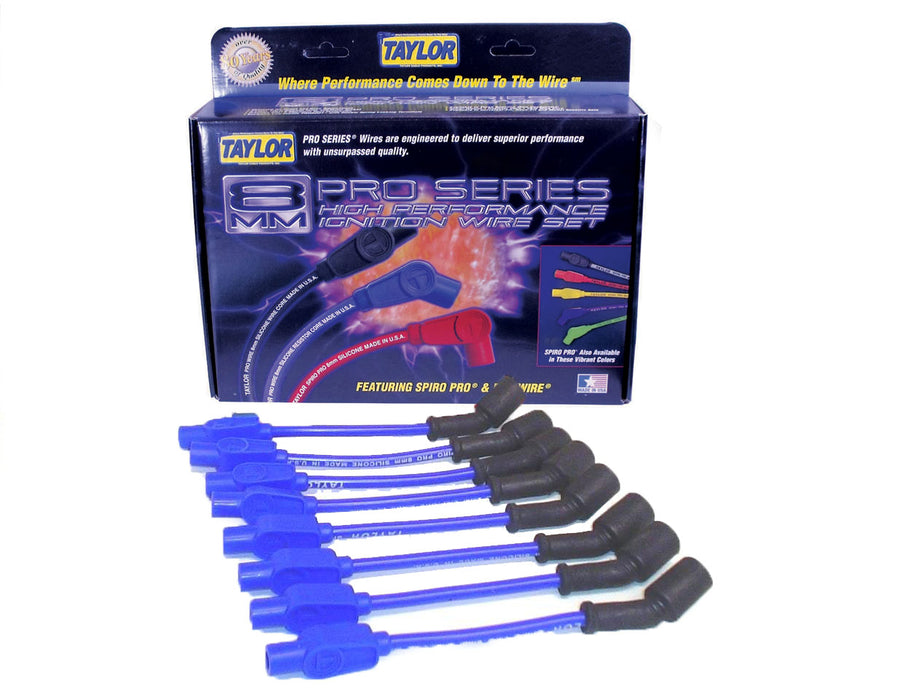 Taylor Cable 74644 8mm Spiro-Pro Ignition Wire Set; Blue; Stock; 9.5 in.; 180 Deg. Plug Boot; - Truck Part Superstore
