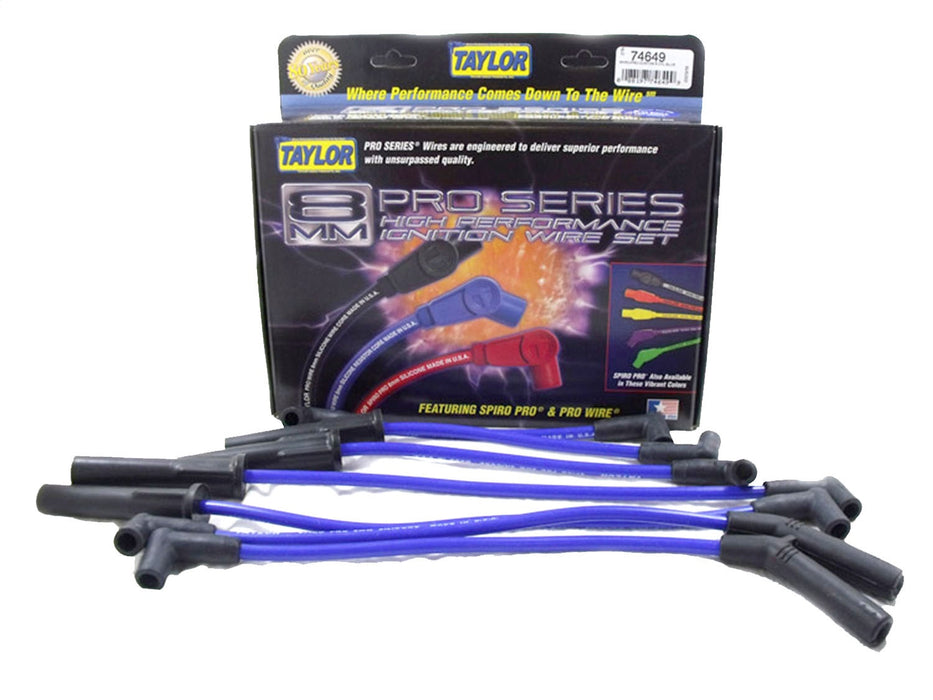 Taylor Cable 74649 8mm Spiro-Pro Ignition Wire Set; Spiro-Wound; Custom Fit; 180/135 deg.; Blue; - Truck Part Superstore