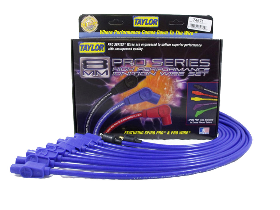 Taylor Cable 74671 8mm Spiro-Pro Ignition Wire Set; Blue; Stock; 11.75 in.; 180 Deg. Plug Boot; - Truck Part Superstore