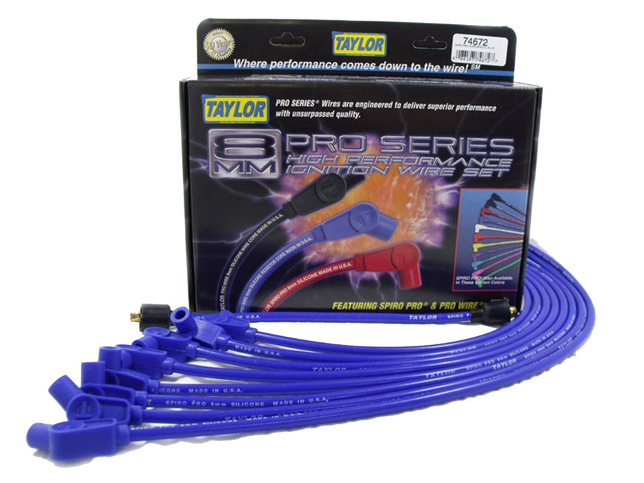 Taylor Cable 74672 8mm Spiro-Pro Ignition Wire Set; Spiro-Wound; Custom Fit; 90/135 deg.; Blue; - Truck Part Superstore