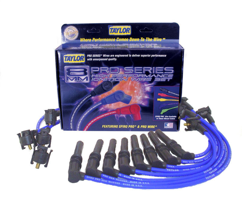 Taylor Cable 74684 8mm Spiro-Pro Ignition Wire Set; Blue; Stock; 9.5 in.; OE Spark Plug Boot; - Truck Part Superstore