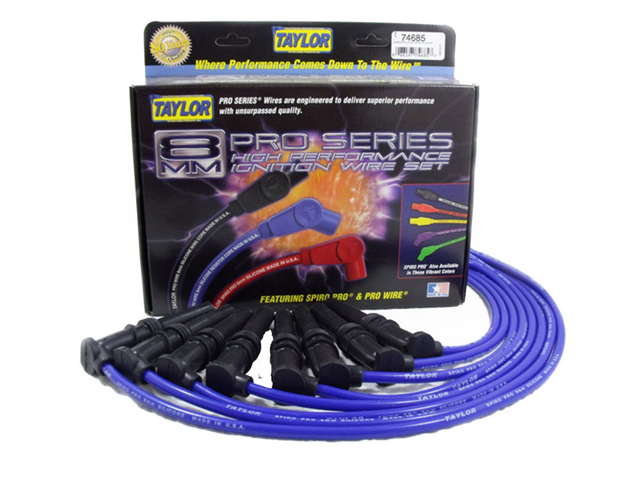 Taylor Cable 74685 8mm Spiro-Pro Ignition Wire Set; Blue; Stock; 9.5 in.; OE Spark Plug Boot; - Truck Part Superstore