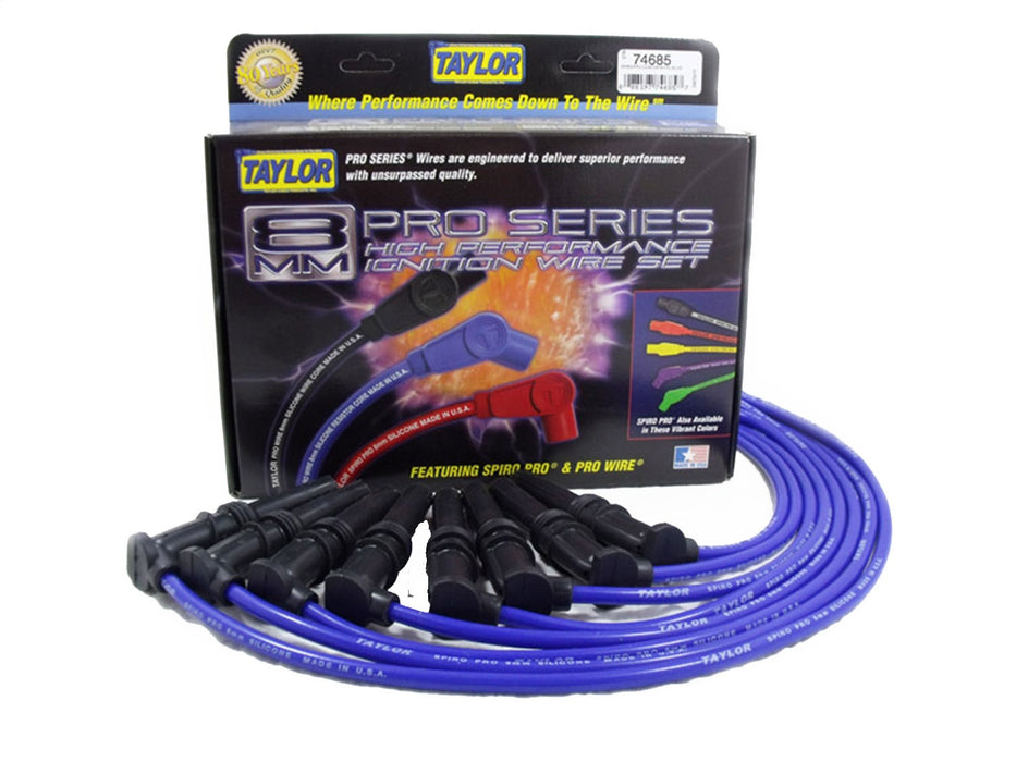 Taylor Cable 74685 8mm Spiro-Pro Ignition Wire Set; Blue; Stock; 9.5 in.; OE Spark Plug Boot; - Truck Part Superstore