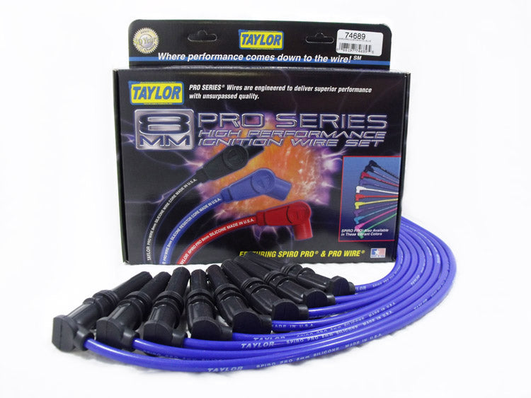 Taylor Cable 74689 8mm Spiro-Pro Ignition Wire Set; Blue; Stock; 9.5 in.; OE Spark Plug Boot; - Truck Part Superstore