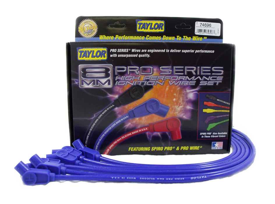 Taylor Cable 74696 8mm Spiro-Pro Ignition Wire Set; Spiro-Wound; Custom Fit; 135 deg.; Blue; - Truck Part Superstore