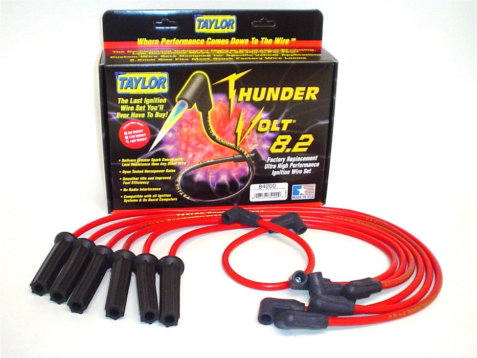 Taylor Cable 84200 ThunderVolt 8.2mm Ignition Wire Set; Red; Stock; 11.75 in.; 180 Deg. Plug Boot; - Truck Part Superstore