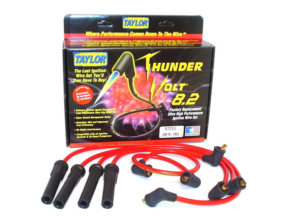 Taylor Cable 87250 ThunderVolt 8.2mm Ignition Wire Set; Red; Stock; 11.75 in.; 180 Deg. Plug Boot; - Truck Part Superstore