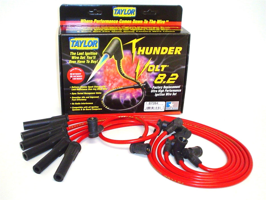 Taylor Cable 87284 ThunderVolt 8.2mm Ignition Wire Set; Red; Stock; 11.75 in.; 180 Deg. Plug Boot; - Truck Part Superstore