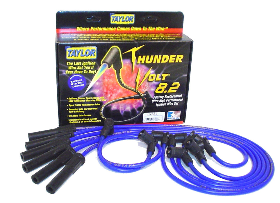 Taylor Cable 87684 ThunderVolt 8.2mm Ignition Wire Set; Blue; Stock; 11.75 in.; 180 Deg. Plug Boot; - Truck Part Superstore