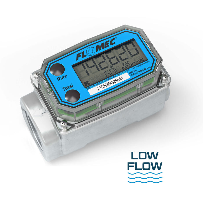 FLOMEC A1 Series low-flow 1-inch aluminum flow meter for thin petroleum based fluids gallon measure
