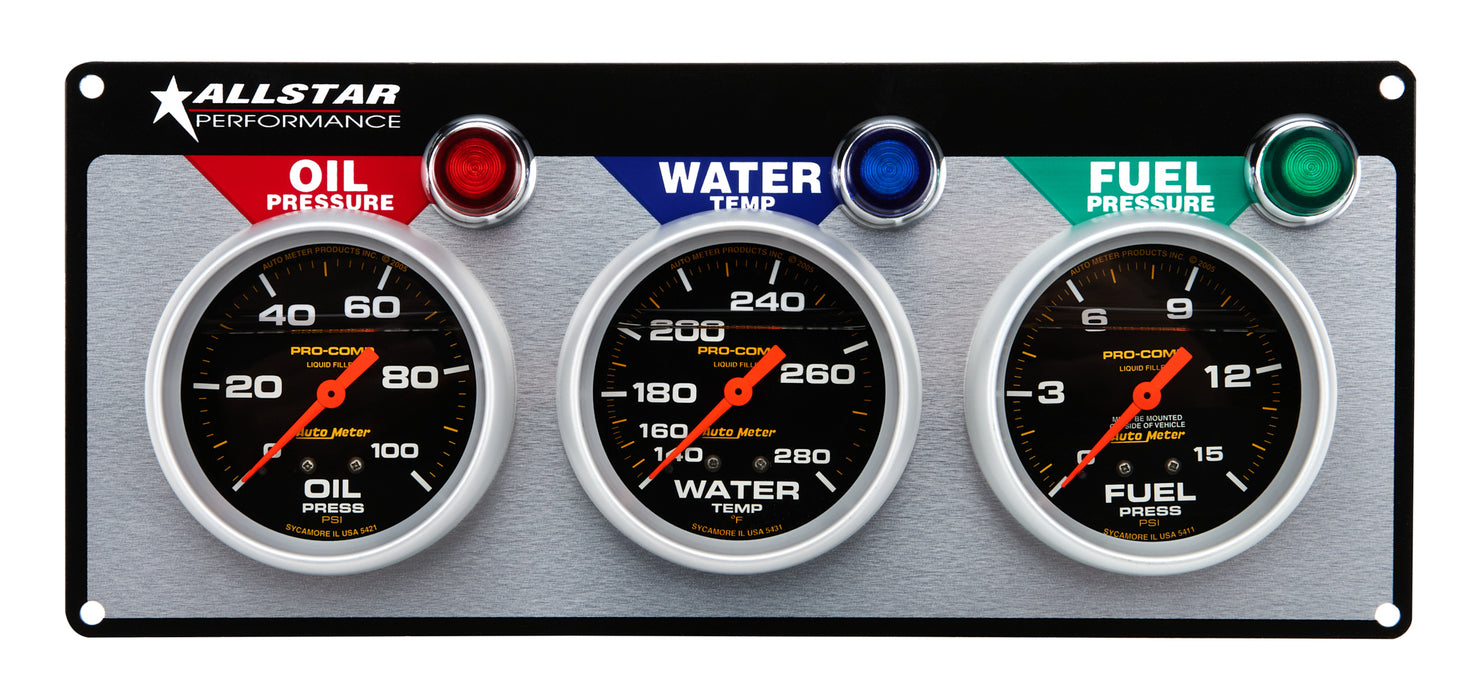 ALLSTAR PERFORMANCE 80123 3 Gauge Panel A/M OP/WT/FP Liquid Filled