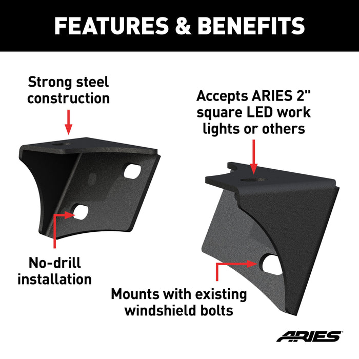 ARIES AR15800 Jeep Wrangler JK Windshield Light Brackets for Select Jeep Wrangler