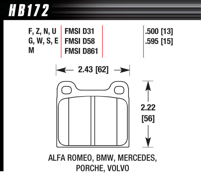 HAWK BRAKE HB172E595 BRAKE PAD 64-00 EUROPEAN FRONT AND REAR
