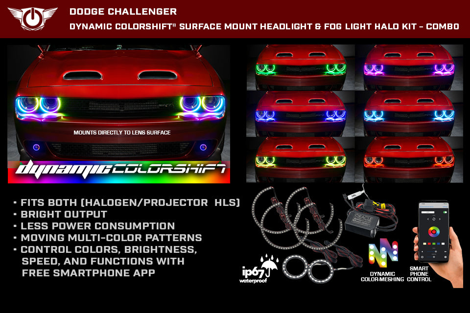 Oracle Lighting 3989-332 2015-2021 Dodge Challenger Dynamic ColorSHIFT LED Headlight & Fog Light Halo Kit - Truck Part Superstore