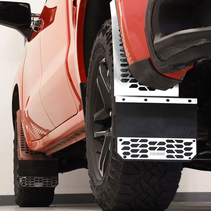 Putco 78000 Mud Skins Mud Flaps; Polished Stainless Steel; Features Hex Shield;