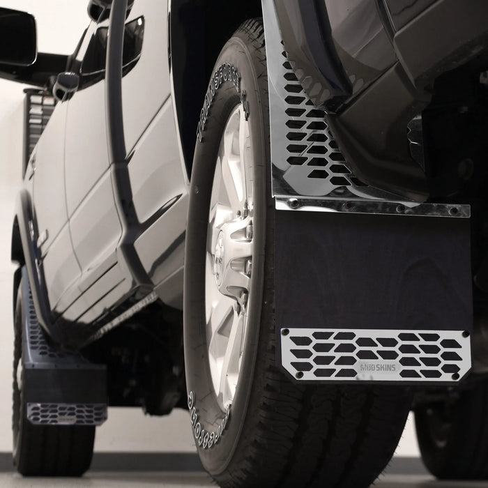 Putco 78000 Mud Skins Mud Flaps; Polished Stainless Steel; Features Hex Shield;