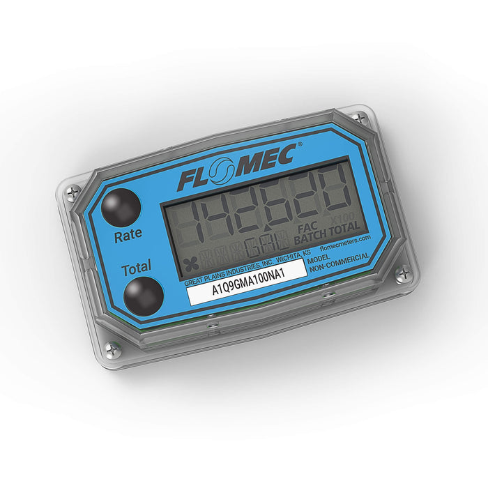 FLOMEC A1 Series local computer display showing gallon measurement rate of flow and batch totals