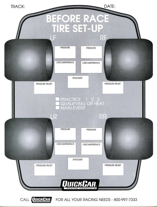 QUICKCAR RACING PRODUCTS 51-210 Before Race Tire Set-Up Forms (50 PK)