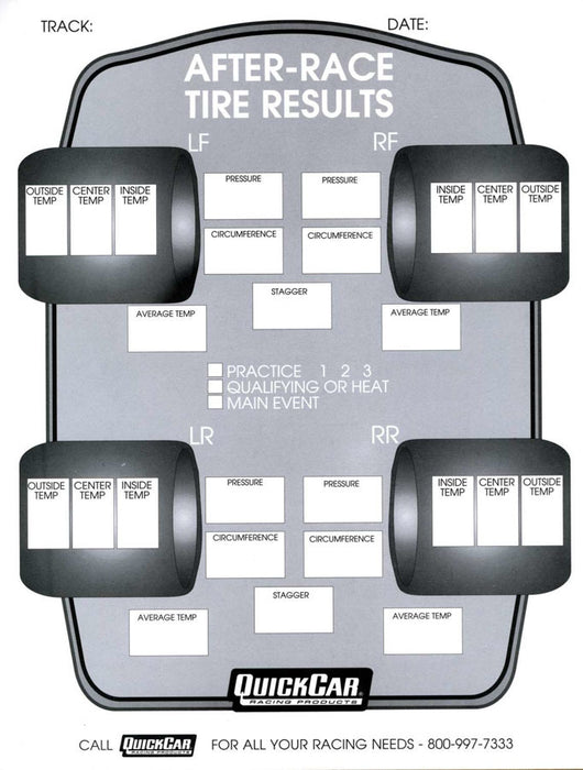 QUICKCAR RACING PRODUCTS 51-215 After Race Tire Set-Up Forms (50 PK)