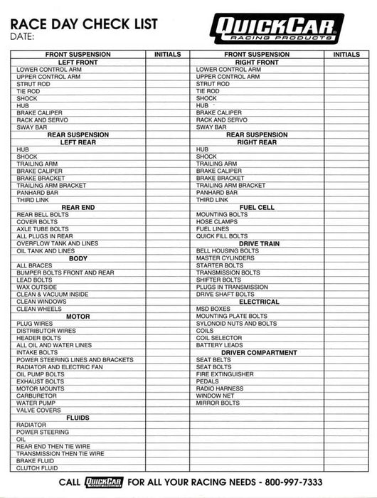 QUICKCAR RACING PRODUCTS 51-237 Race Day Check-List