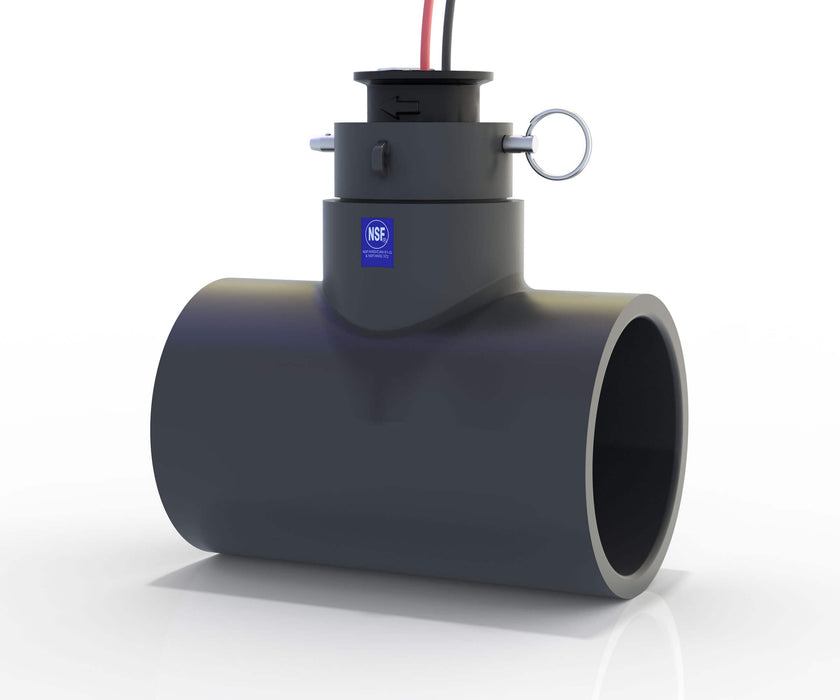 backside view of the FLOMEC QS200 3 inch PVC tee and ultrasonic insert NSF Standard featured