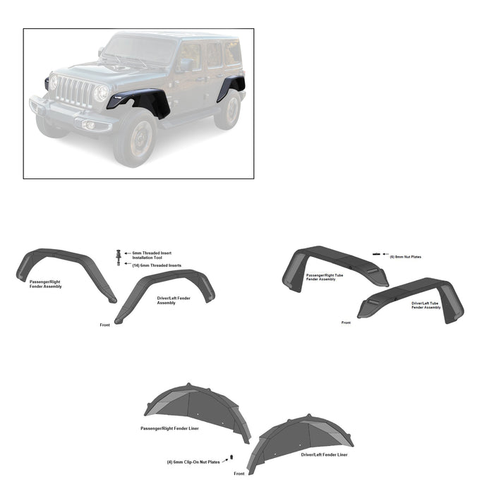Black Horse Off Road TFFJ-FS Full Set Tubular Fender Flares & Inner Fender Flares Liners - Front & Rear - Truck Part Superstore