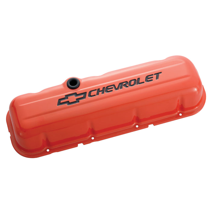 Proform 141-787 Engine Valve Covers; Stamped Steel; Tall; Orange; w/ Bowtie Logo; Fits BB Chevy - Truck Part Superstore