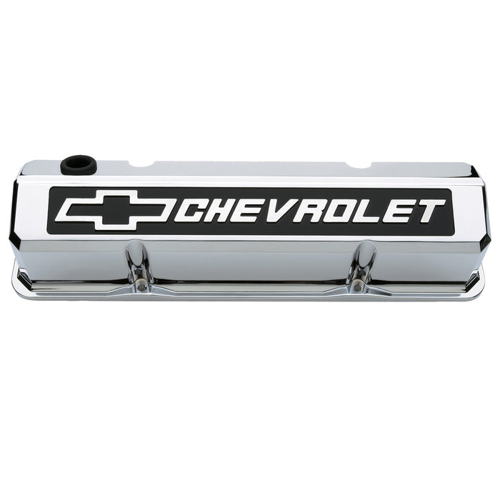 Proform 141-922 Valve Covers; Slant-Edge Tall; Die Cast; Chrome w/Raised Bowtie Logo; SB Chevy - Truck Part Superstore