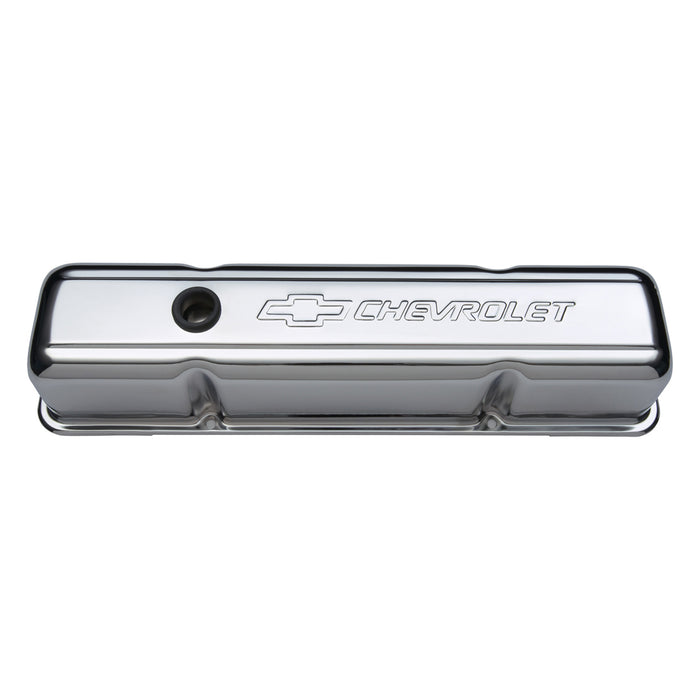 Proform 141-103 Engine Valve Covers; Stamped Steel; Tall; Chrome; w/ Bowtie Logo; Fits SB Chevy - Truck Part Superstore