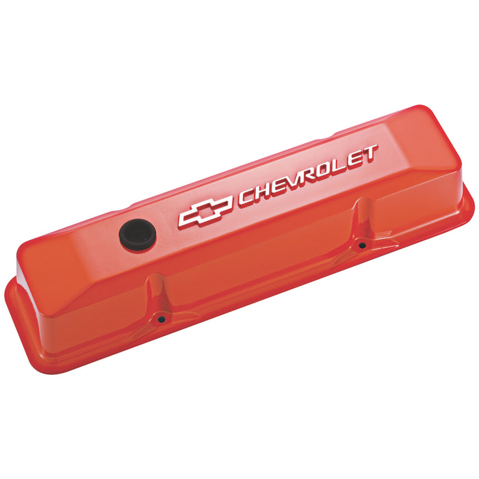 Proform 141-120 Engine Valve Covers; Tall Style; Die Cast; Orange w Milled Bowtie Logo; SB Chevy - Truck Part Superstore