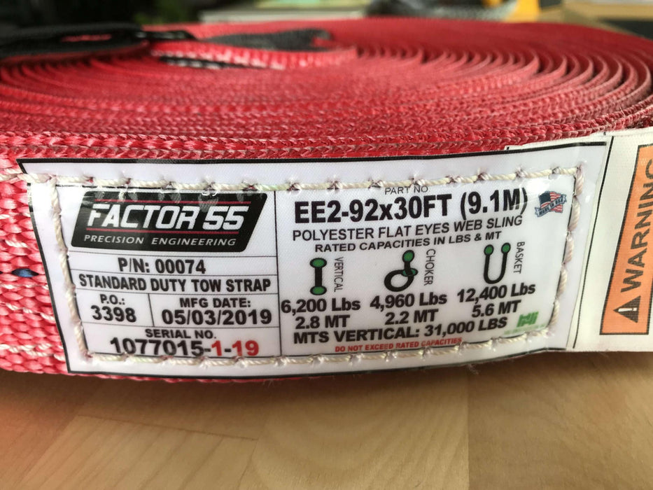 Factor 55 74 30 Foot Tow Strap Standard Duty 30 Foot x 2 Inch Red Factor 55 - Truck Part Superstore