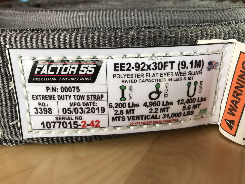 Factor 55 75 30 Foot Tow Strap Extreme Duty 30 Foot x 2 Inch Gray Factor 55 - Truck Part Superstore