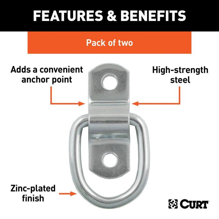 CURT 83731 1in. x 1-1/4in. Surface-Mounted Tie-Down D-Rings (1;200 lbs; Clear Zinc; 2-Pack) - Truck Part Superstore