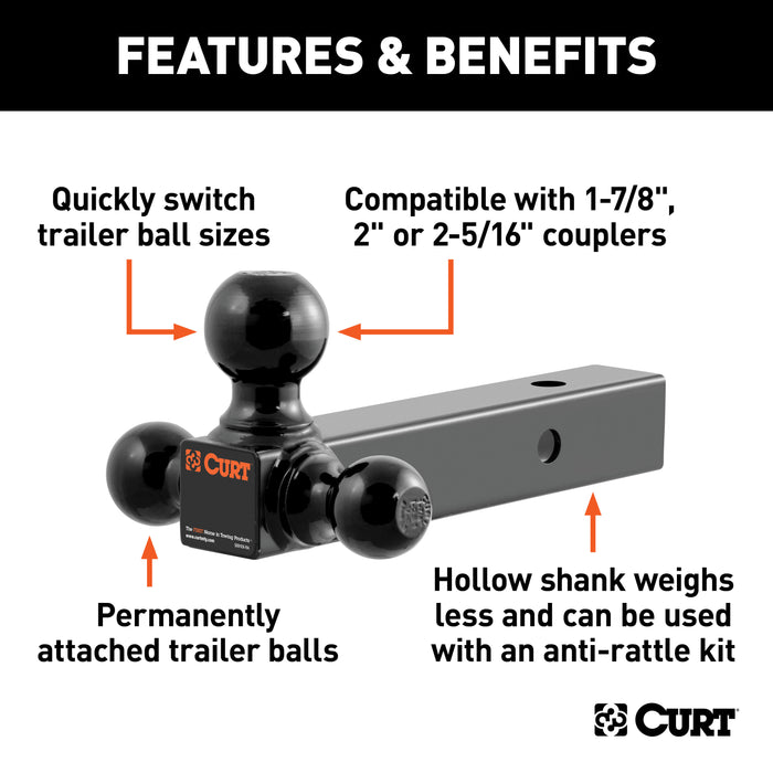 CURT 45652 Multi-Ball Mount (2in. Hollow Shank; 1-7/8in.; 2in./2-5/16in. Black Balls) - Truck Part Superstore