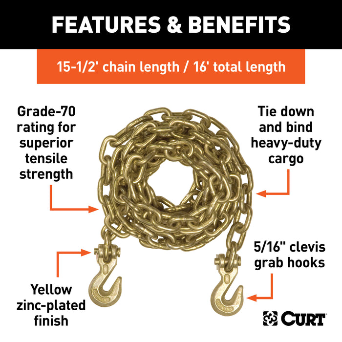 CURT 80306 16ft. Transport Binder Safety Chain with 2 Clevis Hooks (18;800 lbs; Yellow Zinc - Truck Part Superstore
