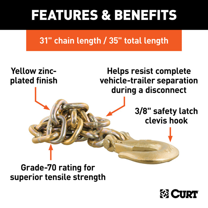 CURT 80316 35in. Safety Chain with 1 Clevis Hook (24;000 lbs; Yellow Zinc) - Truck Part Superstore