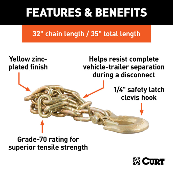 CURT 80303 35in. Safety Chain with 1 Clevis Hook (12;600 lbs; Yellow Zinc) - Truck Part Superstore