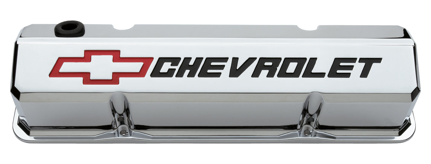 Proform 141-930 Valve Covers; Slant-Edge Tall; Die Cast; Chrome w/Recessed Bowtie Logo; SB Chevy - Truck Part Superstore