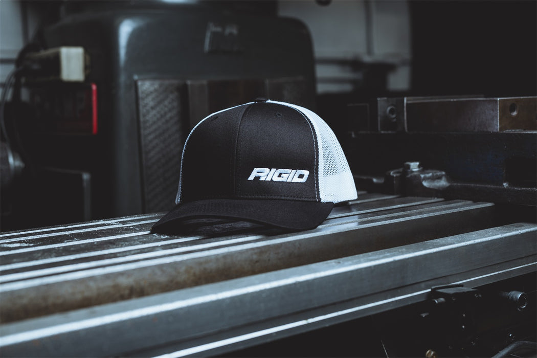 Rigid Industries 1029 RIGID Retro Trucker Hat With Offset Logo; Black Front; White Mesh Snapback - Truck Part Superstore
